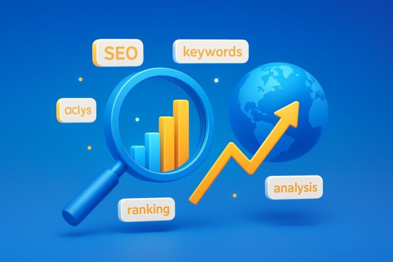 Abstract 3D-style SEO services illustration featuring a magnifying glass scanning a rising bar graph, floating keywords, and a globe symbolizing worldwide reach. Blue gradient background with yellow and white highlights, representing professional SEO expert and SEO agency solutions.