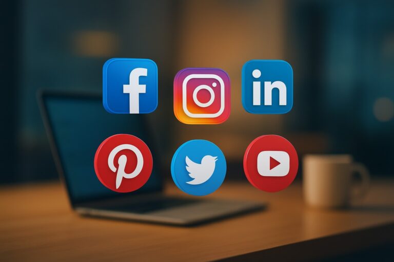 representing social media marketing services,Illustrated blurred office workspace with blue, yellow, and white theme, featuring floating 3D social media icons for Facebook, Instagram, LinkedIn, Twitter, YouTube, and Pinterest.