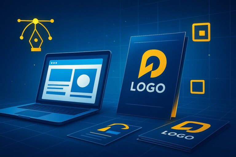 Graphic design service offerd by the best graphic design agency Futuristic graphic design workspace showing digital and print design elements, including a laptop with website mockup, brochures, and bold logo design.