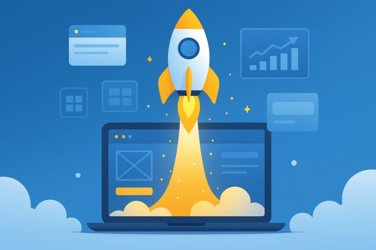a website development agency, website development company, website developer, web developer, freelance web developer, and website designer services:representing illustartion of a rocket launching from a laptop screen, symbolizing growth and innovation